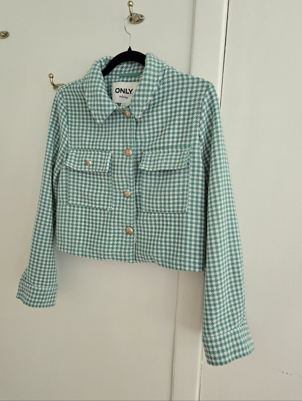 ONLY Green & White Houndstooth Cropped Jacket/Shacket